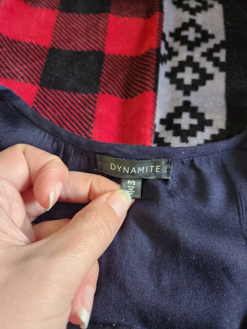 Dynamite Navy Embroidered Boho Tunic Blouse Aztec Print Size S EUC - Picture 4 of 6